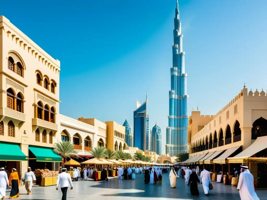 Vista panorámica de la bulliciosa Al Fahidi en Dubai, entre rascacielos y arquitectura tradicional, evocando experiencias culturales en Dubai