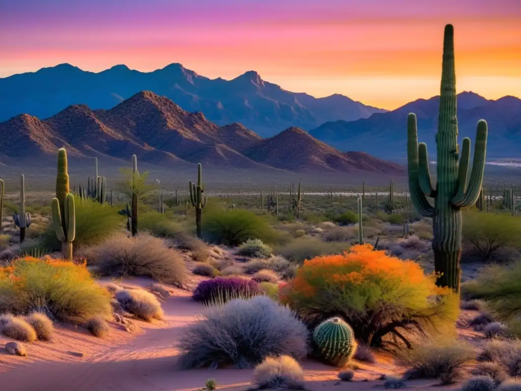 Vista panorámica del desierto de Sonora al atardecer, con sus tonos vibrantes y la tradición del pueblo Tohono O'odham