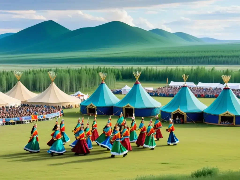 Vista panorámica del Festival Ysyakh en Yakutia, con colores vibrantes y danzas tradicionales en un paisaje siberiano mágico