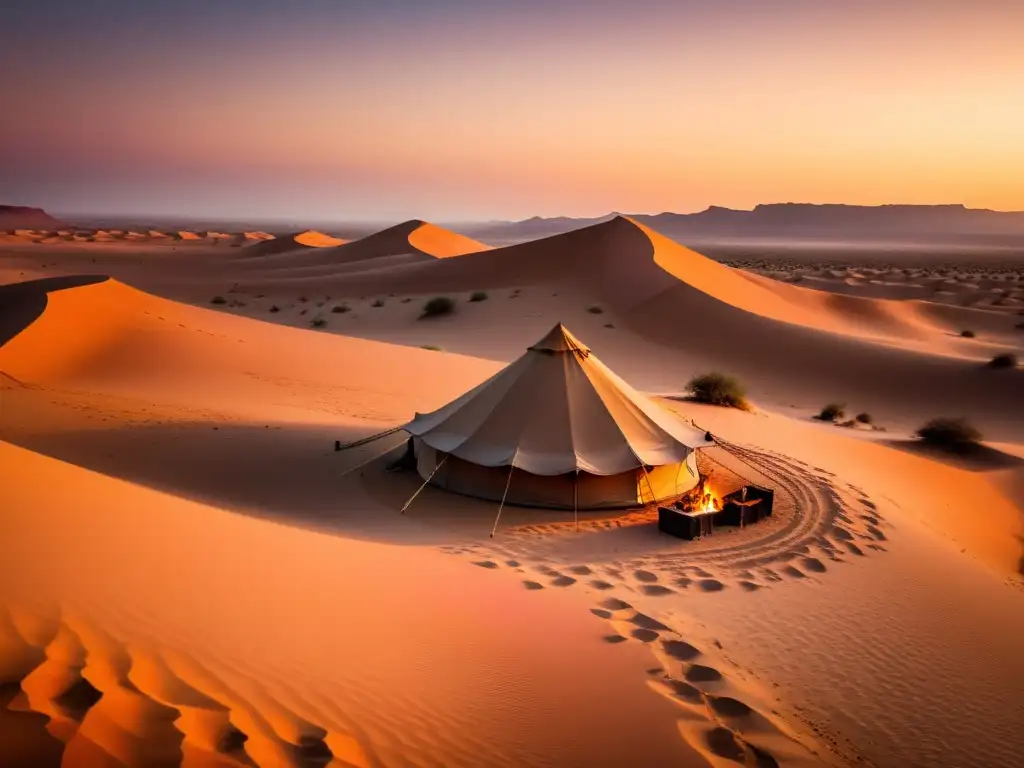 Vista panorámica impresionante del desierto al atardecer con una carpa beduina y una fogata, vivir como un nómada en caravanas