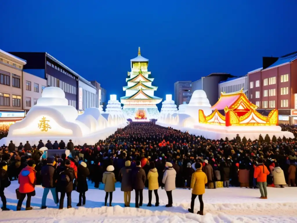 Una vista panorámica impresionante del Festival de la Nieve Sapporo, con esculturas de nieve iluminadas por luces coloridas y multitudes maravilladas