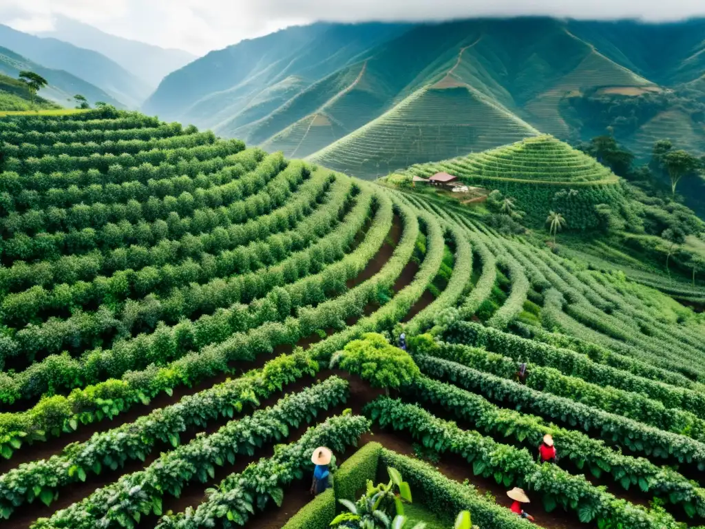 Vista panorámica de una plantación de café en Colombia, con trabajadores recolectando cerezas de café a mano