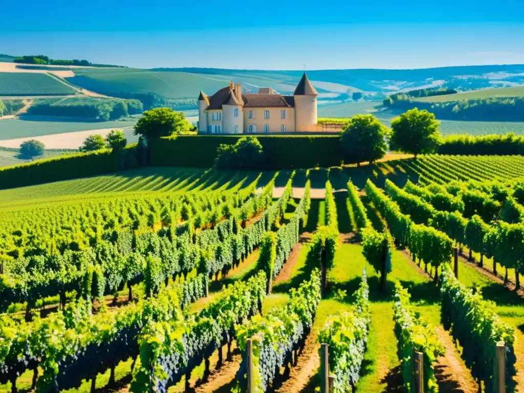 Vista panorámica de un viñedo en la región de Champagne, con filas de vides verdes bajo el cielo azul