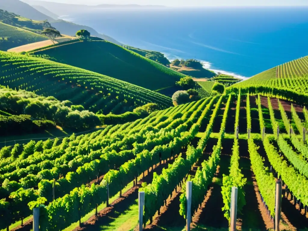 Vista panorámica de un viñedo en Oceanía, con filas de exuberantes viñedos verdes que se extienden hacia el horizonte