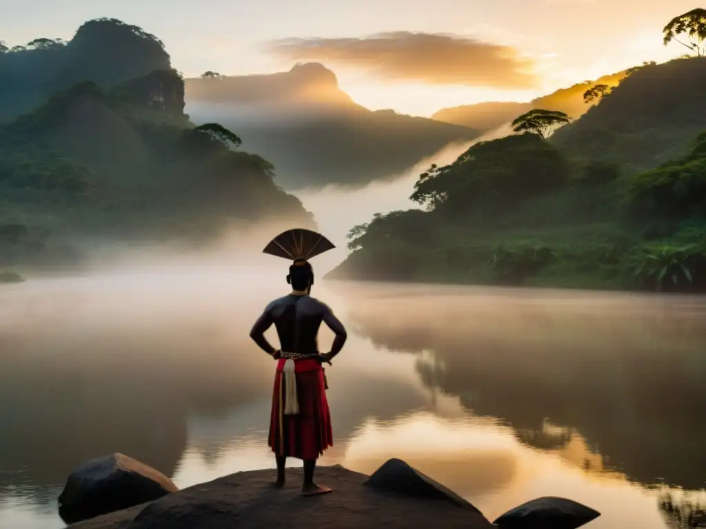 Vista etérea del río Magdalena al amanecer con Hombre Caimán, ritual y danza en la neblina