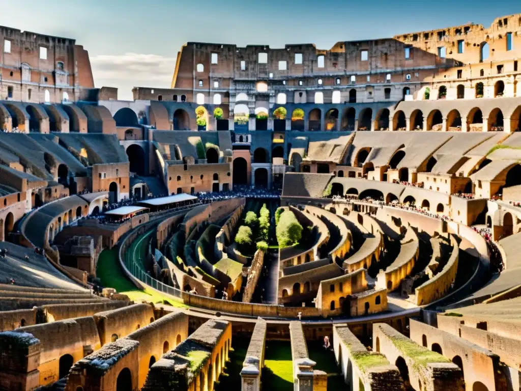 Vista única del majestuoso Coliseo Romano en 8k, bañado por cálida luz dorada, mostrando su grandiosidad, diseño y diversidad cultural