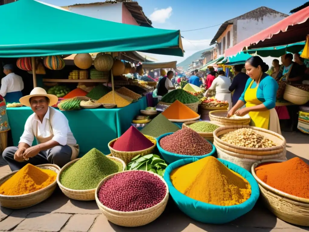 Vista vibrante de un bullicioso mercado al aire libre en América Latina, con ingredientes tradicionales y colores brillantes