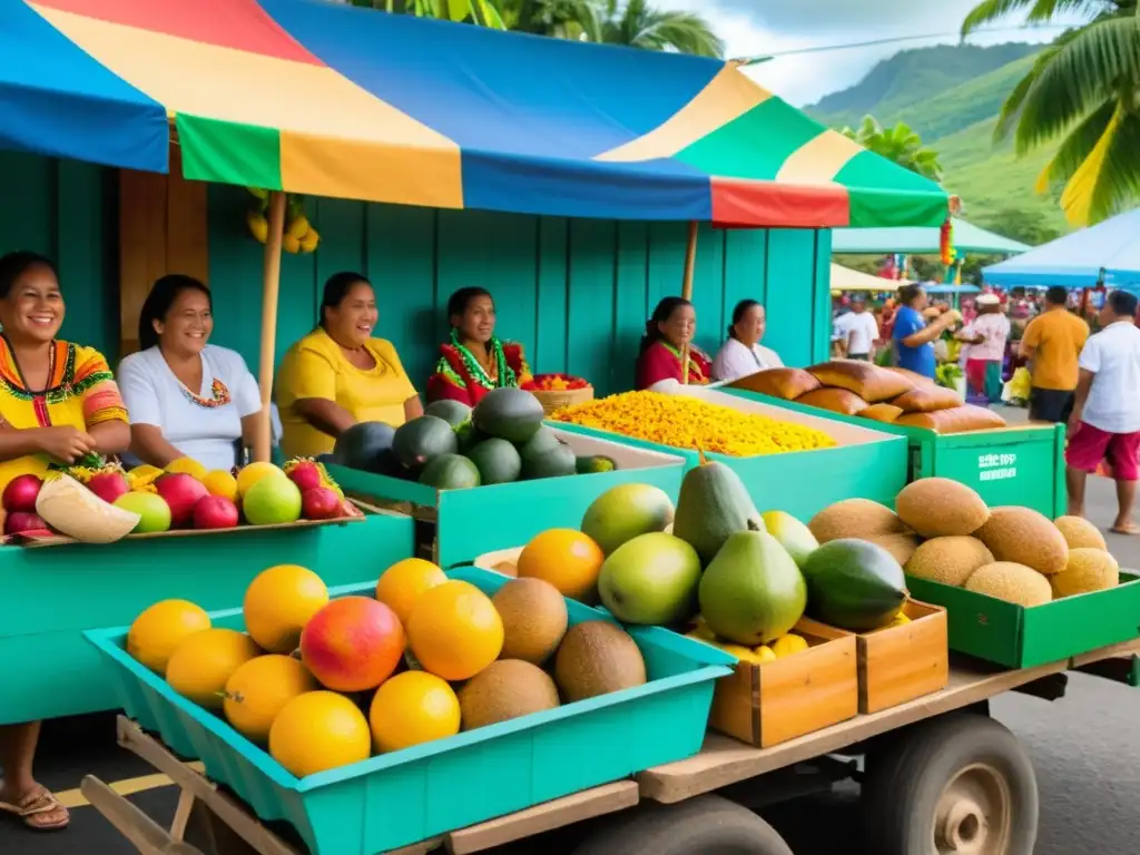 Fiesta de la Fruta del Pan: Colorido mercado de Micronesia Vista vibrante de la Fiesta de la Fruta del Pan en Micronesia, con colores, frutas exóticas y música tradicional