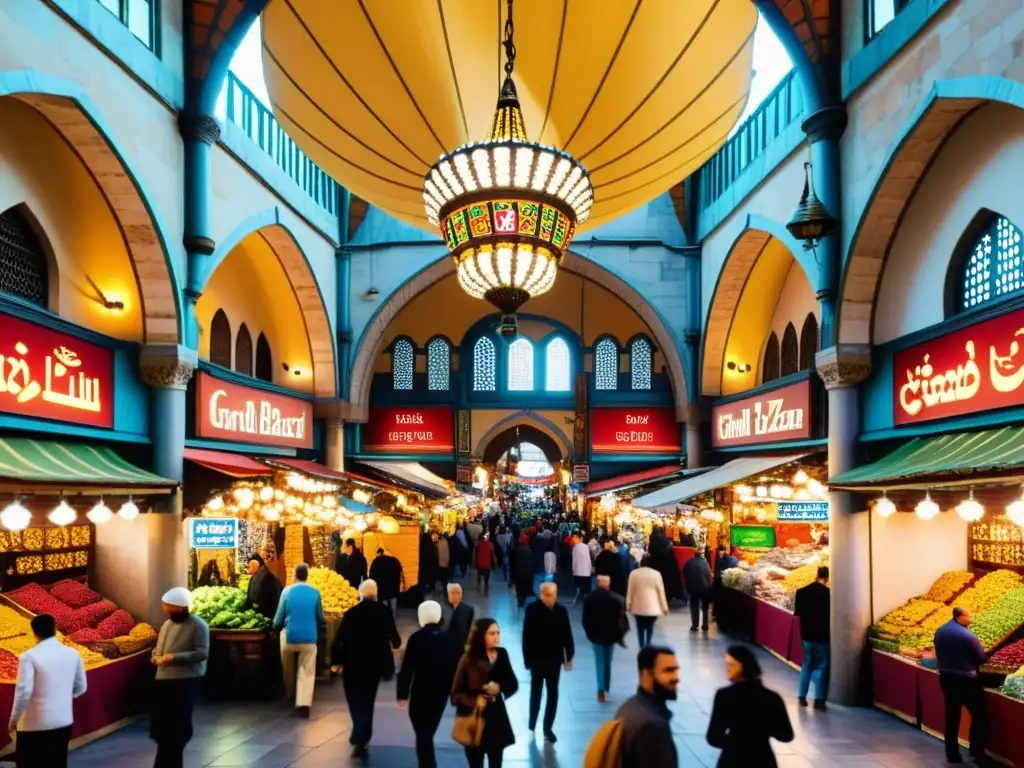 Vista vibrante del Gran Bazar en Estambul, Turquía, ruta de la Seda itinerario cultural Asia, con colores, arquitectura y gente diversa