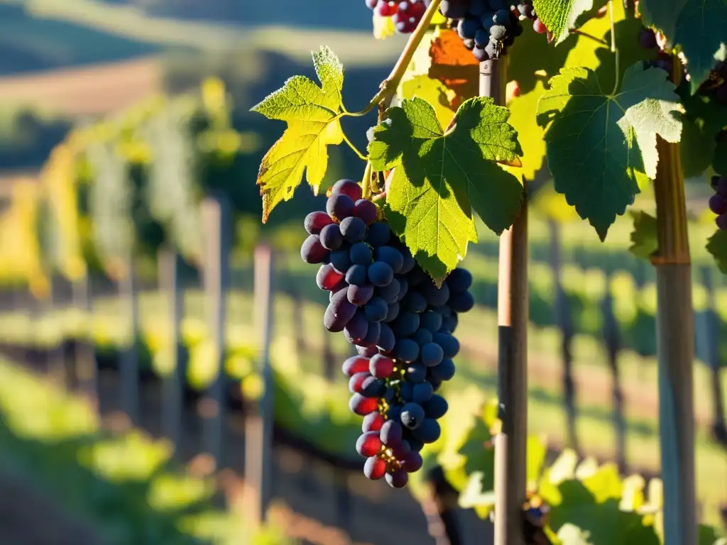 Vista de viñedo al atardecer, con luz dorada que crea sombras largas