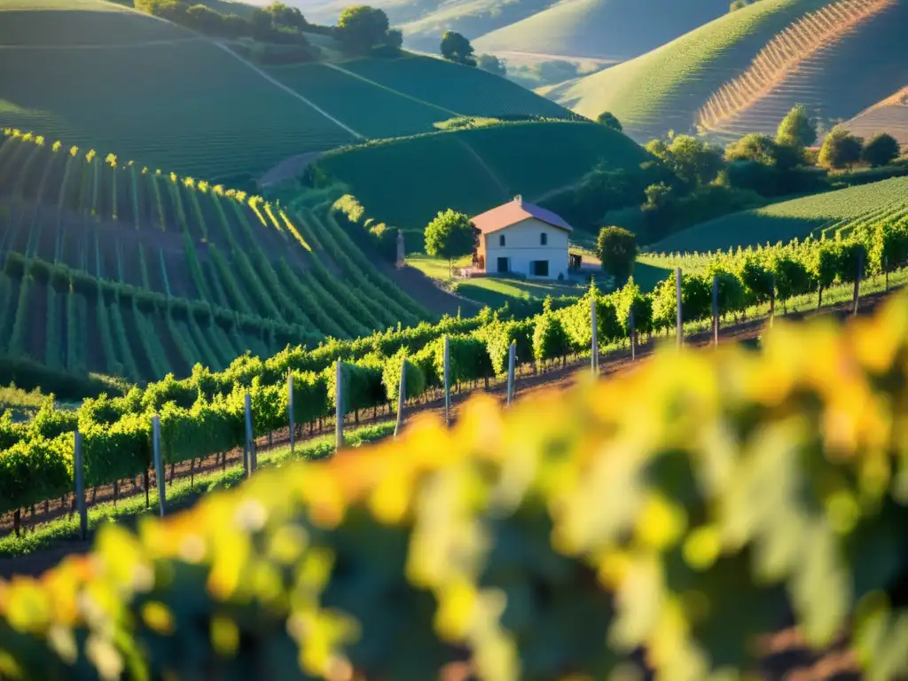 Vista de un viñedo al atardecer, con viñedos verdes y trabajadores, reflejando la diversidad y las historias embotelladas del vino