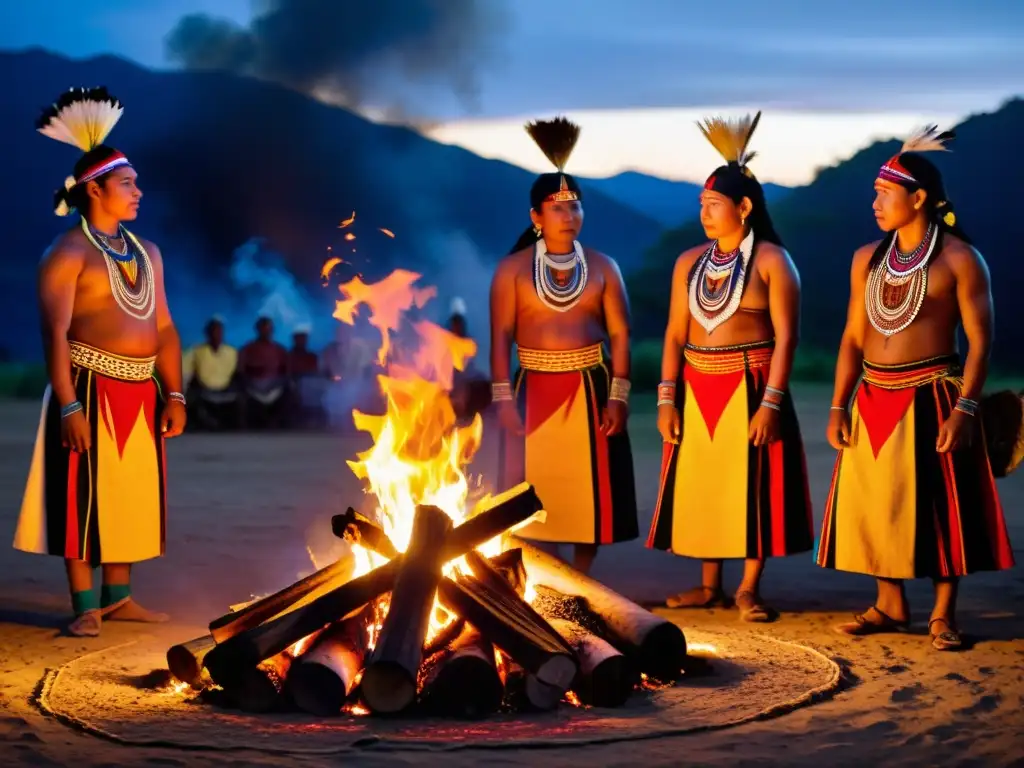 Vivencias del náhuatl en la actualidad: Ceremonia de danza alrededor de una fogata con trajes tradicionales y expresiones determinadas