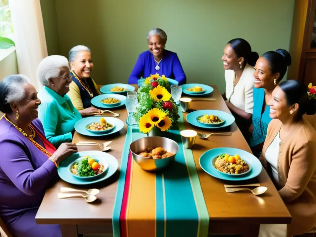 Vívida comida ceremonial en distintas culturas: familia reunida alrededor de mesa larga, compartiendo tradiciones y conexiones intergeneracionales