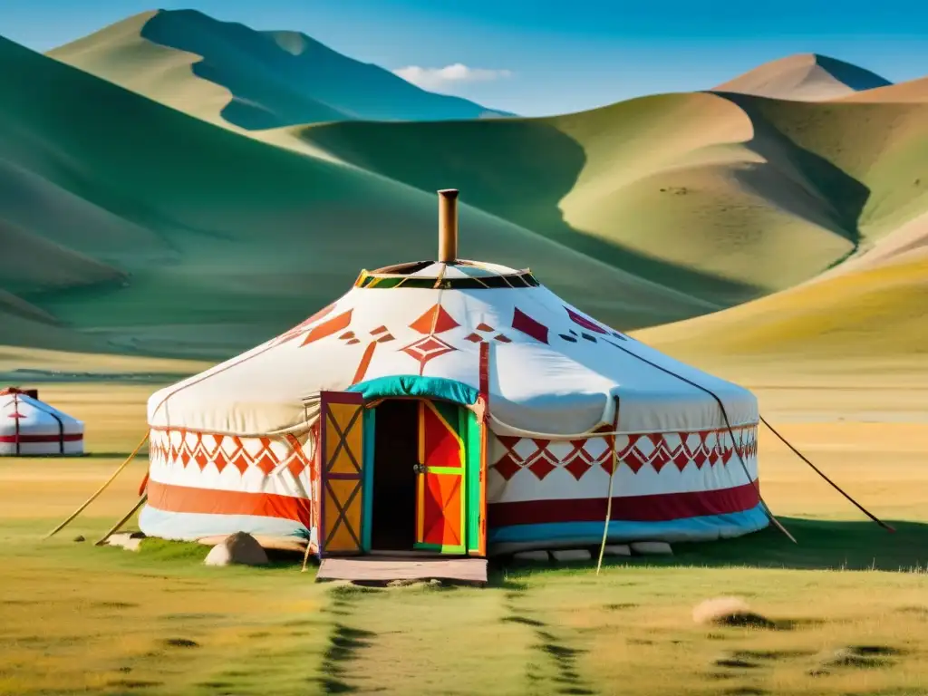 Un yurt mongol tradicional en la vasta estepa, con patrones geométricos coloridos y nómadas en actividades diarias