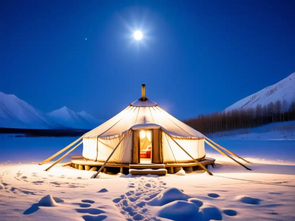 Una yurta siberiana tradicional iluminada por la suave luz de la luna llena, rodeada de un paisaje nevado